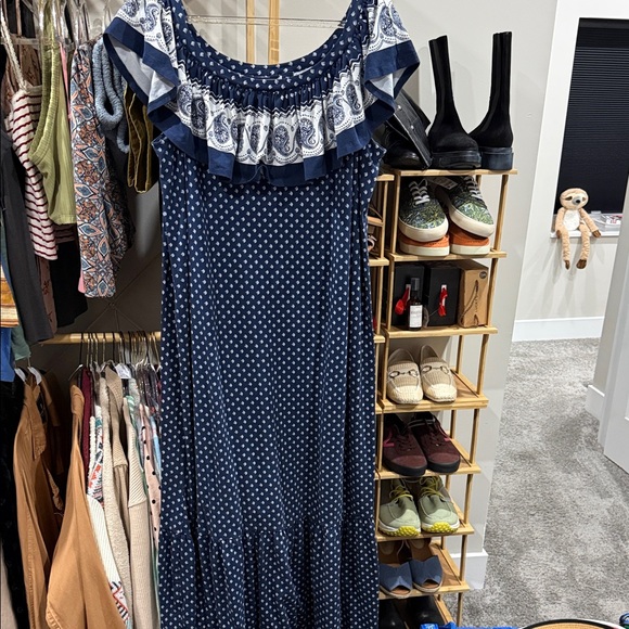 Lands' End Navy Polka Dot Maxi Dress Off the Shoulders 2X Stretch - Picture 2 of 7